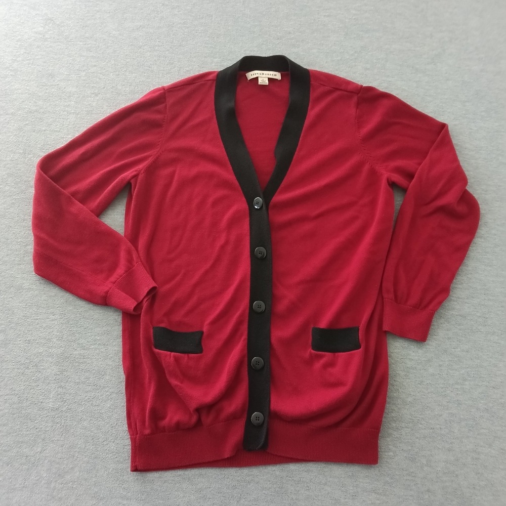 Debbie Morgan Womens Red Black Contrast Trim Button Front Cardigan Sweater L